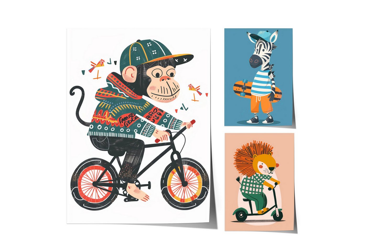 JUSTGOODMOOD Poster Premium ® Coole Tiere auf Fahrrad Roller Skateboard Affe Löwe Zebra, A (1 St), verschiedene Größen wählbar von JUSTGOODMOOD