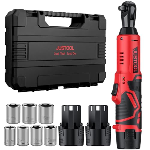 JUSTOOL Akku-Ratsche Elektrischer Ratschenschlüssel Kit 12V Akku-Ratschenschrauber 3/8" mit 2x 1500mAh Akkus 33Ft-lbs Power Ratchet Tool Kit mit 7 Steckdosen Schnellladung Schnurloses Ratschenset von JUSTOOL
