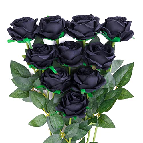 JUSTOYOU 10 PCS Rose Kunstseidenblumen Blumenstrauß Home Office Hochzeitsarrangements (Schwarz) von JUSTOYOU
