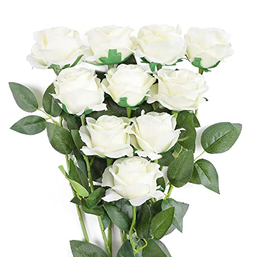 JUSTOYOU 10 Pack Seide Kunstrosen Brautstrauß Blumen für Garten Geburtstagsfeier Zuhause Hochzeitsdeko (Weiße Rosen) von JUSTOYOU