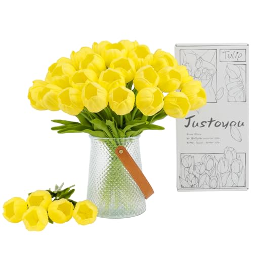 JUSTOYOU 15pcs künstliche Seide gelb Tulpenblumen mit Stängeln, Real Touch Latex gefälschte Tulpen Blumen in Box, Tulpe künstliche Blume für Hochzeit Home Garten Dekoration (gelb-15) von JUSTOYOU
