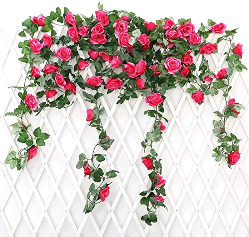 JUSTOYOU 2 Pack 7.2ft Künstliche Fake Rose Girlande Reben Hängende Seide Blumen für Outdoor Indoor Hochzeit Wand Badroom Dekoration (Rose Rot) von JUSTOYOU