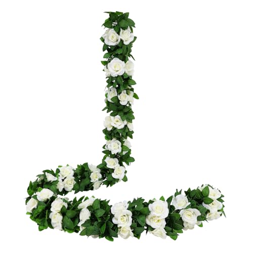 JUSTOYOU 2 Pack 7.2ft Künstliche Fake Rose Girlande Reben Hängende Seide Blumen für Outdoor Indoor Hochzeit Wand Badroom Dekoration (Weiß) von JUSTOYOU