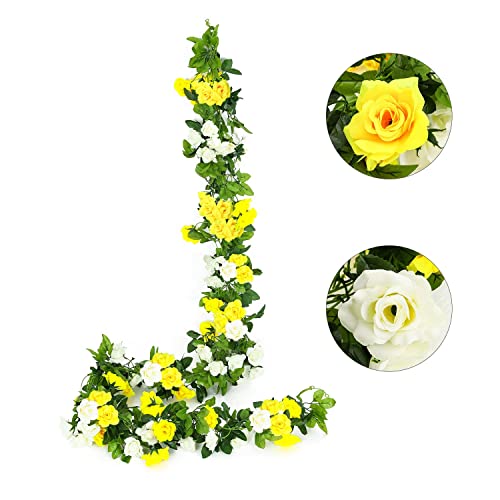 JUSTOYOU Künstliche Rosengirlande, 2 Stück, 2 m, zweifarbig, zum Aufhängen, Seidenblumen, künstliche Blumen für den Innen- und Außenbereich, Hochzeit, Wand, Badzimmer, Dekoration (gelb, 13 Köpfe) von JUSTOYOU