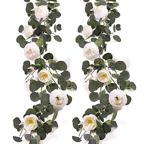 JUSTOYOU 2 Stück künstliche Eukalyptus-Girlande mit Blume, 8-köpfige Pfingstrosen-Blumenreben, grüne Blumengirlanden-Dekoration für Hochzeitsbogen, Wandhintergrund, Hochzeitstisch, Party (weiß) von JUSTOYOU