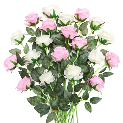 JUSTOYOU 20 PCS Rose künstliche Blume, doppelte Farbe Seide blühende Rose mit Stiel, künstliche Rose Bouquet Realistische Blume für Home Table Office Party Hochzeit Garten Arrangements (weiß,rosa) von JUSTOYOU