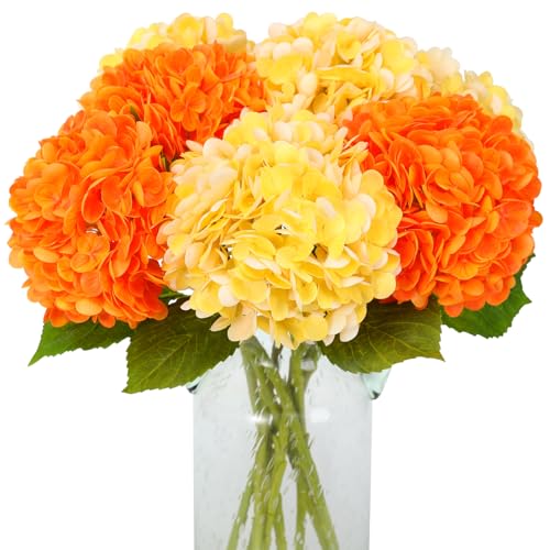JUSTOYOU Künstliche Hortensien Blumen,4 PCS Doppelte Farbe Single Stem Realistische Hydrangea Blumen, 19.6Inch große Real Touch gefälschte Hydrangea Sträuße für Hochzeit Home Party(Gelb und Orange) von JUSTOYOU