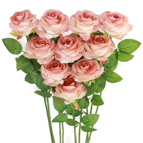 JUSTOYOU Künstliche Rosenblüten aus Seide, Einzelstiel, für Zuhause, Party, Hochzeit, Blumenstrauß (Fleischrosa), 10 Stück von JUSTOYOU