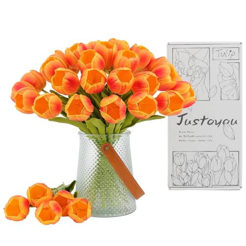 JUSTOYOU 15pcs künstliche Seide Orange Tulpenblumen mit Stängeln, Real Touch Latex gefälschte Tulpen Blumen in Box, Tulpe künstliche Blume für Hochzeit Home Garten Dekoration (Orange-15) von JUSTOYOU