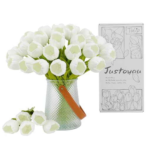 JUSTOYOU 15pcs künstliche Seide weiße Tulpenblumen mit Stängeln, Real Touch Latex gefälschte Tulpen Blumen in Box, Tulpe künstliche Blume für Hochzeit Home Garten Dekoration (weiß-15) von JUSTOYOU