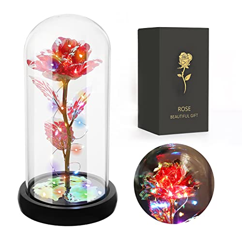 JUSTOYOU Rose Geschenke für Frauen, Mütter, Frau Geschenke, Bunte künstliche Rose Blume Geschenke für Frauen, für Immer in Glas Kuppel für Geburtstag, Weihnachten Muttertag Dekorationen (rot) von JUSTOYOU