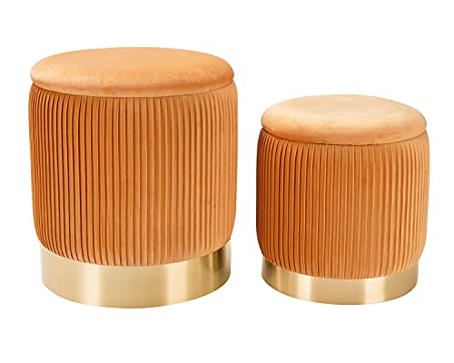 Runde Samt-Ottomane mit geräumigem Stauraum, 2er-Set, Fußstütze mit goldfarbenem Metallreifen und gefaltetem Rand, multifunktionaler Beistelltisch & Schminkhocker für Wohnzimmer, Schlafzimmer Runde Samt-Ottomane mit geräumigem Stauraum, 2er-Set, Fußstütze mit goldfarbenem Metallreifen und gefaltetem Rand, multifunktionaler Beistelltisch & Schminkhocker für Wohnzimmer, Schlafzimmer von JUUON