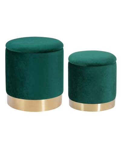 Runde Samt-Ottomane mit geräumigem Stauraum, 2er-Set, gepolsterte Fußstütze mit goldfarbenem Metallreifen, multifunktionaler Beistelltisch, Schminkhocker für Wohnzimmer, Schlafzimmer und Wohnheim Runde Samt-Ottomane mit geräumigem Stauraum, 2er-Set, gepolsterte Fußstütze mit goldfarbenem Metallreifen, multifunktionaler Beistelltisch, Schminkhocker für Wohnzimmer, Schlafzimmer und Wohnheim von JUUON