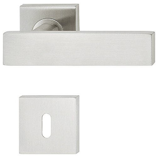 Moderner Tür-Griff Rosette quadratisch Türklinke Edelstahl Drückergarnitur für Zimmertüren | LDH 2187 | BB - Buntbart | Edelstahl matt gebürstet | 1 Garnitur eckig - Design Türbeschläge Innentüren von JUVA
