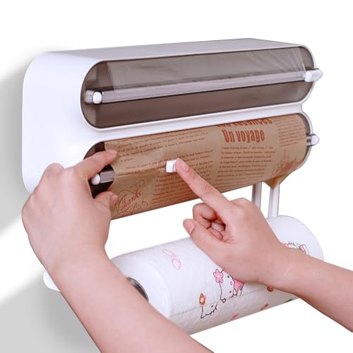 3-in-1 Frischhaltefolienspender Folienschneider, Magnetisch Alufolienspender und Frischhalte, küchenrollenhalter magnetisch, Wandrollenhalter Küche mit Einem Scharfen Messer (Schwarz) von JUVEL
