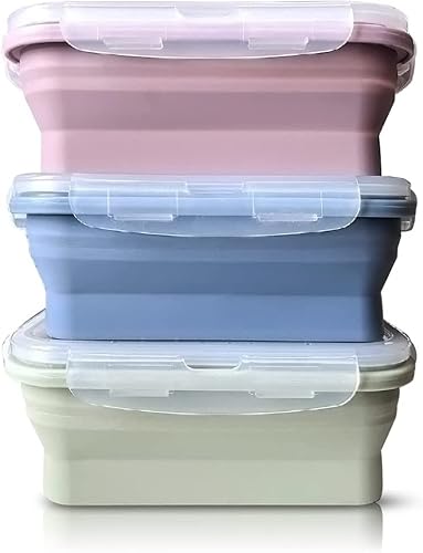 JUVEL Foldable Food Storage Boxes with lid 3 Pieces Foldable Silicone Food Storage Containers Lunch Boxes Foldable Easy to Clean Easy to Carry for Camping, Hiking, Travel (800 ml) von JUVEL