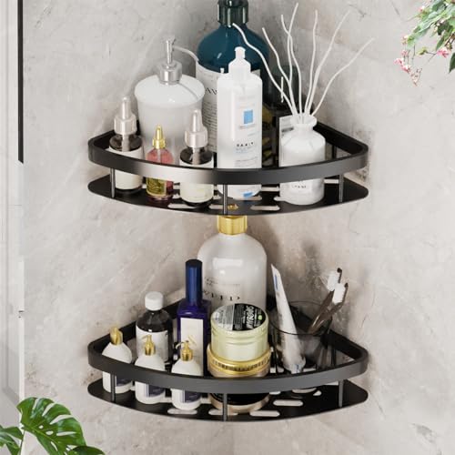 JUVEL Duschregal Ohne Bohren Ecke- 2 Stück Selbstklebend Matte Finish Duschregal Rostschutz Duschablage und Shampoo Halterung für Dusche, Küche Badezimmer Organizer Einfache Montage (Schwarz) von JUVEL