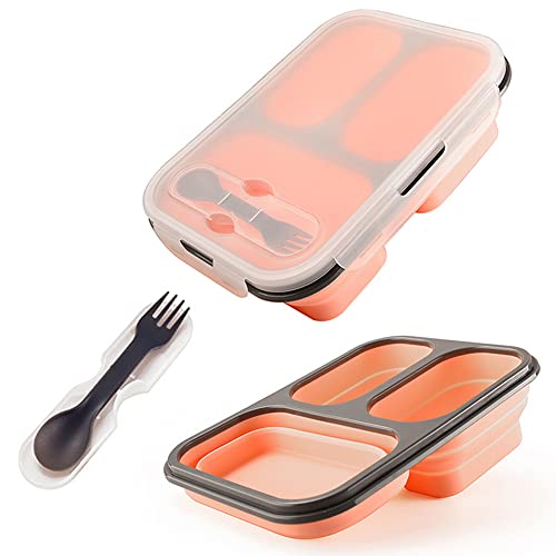 JUVEL Faltbare Bento Box - Auslaufsichere Bento Lunchbox Brotdose aus Silikon Faltbare Lunchbox Lebensmittel mit drei Fächern und Löffel und Gabel für Erwachsene/Kinder (Rosa) von JUVEL