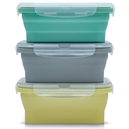 JUVEL Faltbare Frischhaltedosen, 3 Stück Frischhalteboxen Silikon Zusammenklappbaren Container Brotdosen Food Storage Containers Freezer to Oven Safe for Camping, Hiking, Travel (552ML) von JUVEL