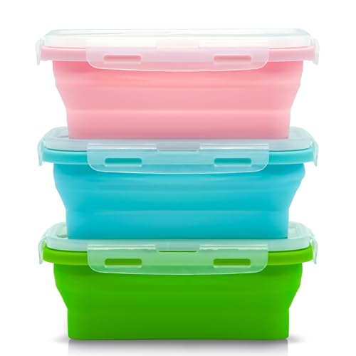 JUVEL Silicone Collapsible Containers, 3 Pack 1200 ml Lunch Box Food Grade Silicone Foldable Reusable Collapsible Food Storage Containers Freezer to Oven Safe for Camping, Hiking, Travel von JUVEL