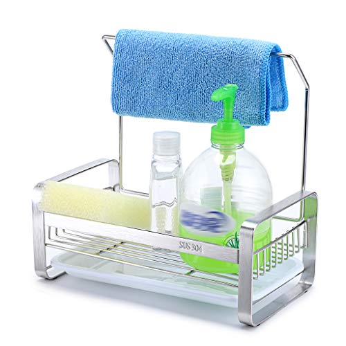 JUXYES Edelstahl-Schwammhalter mit Geschirrtuch-Trockengestell, Küchenspüle, Organizer, Caddy Tablett, Schwammbürste, Seifenhalter mit abnehmbarer Ablaufschale für die Küche (L, Silber) von JUXYES