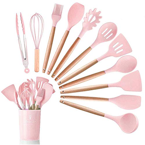 VBOK IGFE 12 Pcs Küchenutensilien Set Silikon，Antihaft Hitzebeständiger Kochgeschirr Küchenhelfer Set mit Holzgriff，Rosa von VBOK IGFE