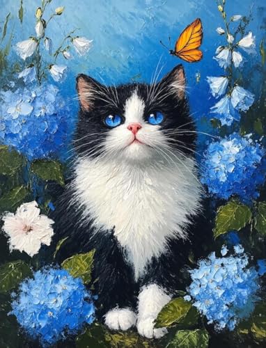 JUYIYUANFUZH Stickset Erwachsene Kreuzstich Stickpackungen Bilder 11CT BlauäUgige Katze In FrüHlingskäTzchen B Kreuzstich Set FüR AnfäNger Basteln Erwachsene40×50Cm von JUYIYUANFUZH