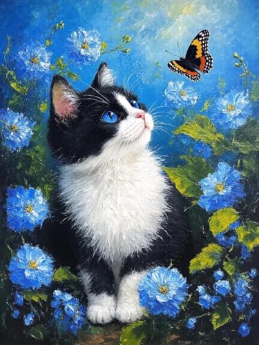JUYIYUANFUZH Stickset Erwachsene Kreuzstich Stickpackungen Bilder 11CT BlauäUgige Katze In FrüHlingskäTzchen D Kreuzstich Set FüR AnfäNger Basteln Erwachsene40×50Cm von JUYIYUANFUZH