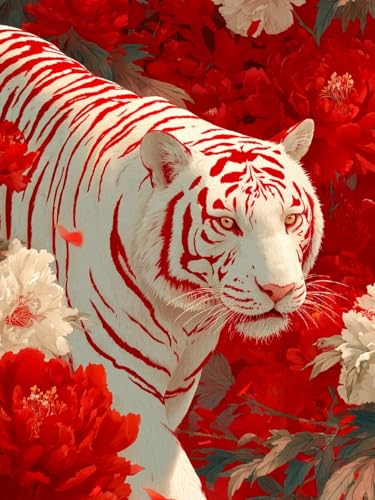 JUYIYUANFUZH Stickset Erwachsene Kreuzstich Stickpackungen Bilder 11CT WeißEr Tiger In Roter Blume A Kreuzstich Set FüR AnfäNger Basteln Erwachsene40×50Cm von JUYIYUANFUZH