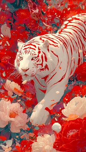 JUYIYUANFUZH Stickset Erwachsene Kreuzstich Stickpackungen Bilder 11CT WeißEr Tiger In Roter Blume B Kreuzstich Set FüR AnfäNger Basteln Erwachsene40×50Cm von JUYIYUANFUZH