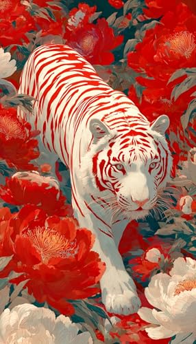 JUYIYUANFUZH Stickset Erwachsene Kreuzstich Stickpackungen Bilder 11CT WeißEr Tiger In Roter Blume C Kreuzstich Set FüR AnfäNger Basteln Erwachsene40×50Cm von JUYIYUANFUZH