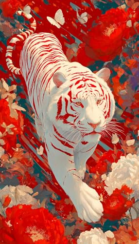 JUYIYUANFUZH Stickset Erwachsene Kreuzstich Stickpackungen Bilder 11CT WeißEr Tiger Zwischen Roten Blumen F Kreuzstich Set FüR AnfäNger Basteln Erwachsene40×50Cm von JUYIYUANFUZH