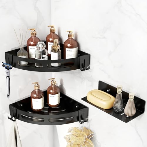 JUYSON Dusch-Caddy, Eckregale für Innendusche, ohne Bohren, Edelstahl-Organizer-Ecke für Badezimmer mit Seifenhalter, 2-stöckig, selbstklebend, mit Haken von JUYSON