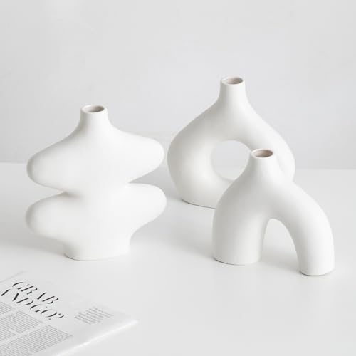 JUZAI Deko Vasen 3er Set aus Keramik, Doppelberg Vase für Moderne Boho Nordic Minimalismus-Stil Dekoration, Blumenvase für Wohnzimmer, Hochzeit, Abendessen Tisch, Büro und Schlafzimmer - Weiß von JUZAI