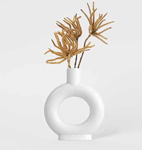 Keramik Donut Vase Weiß für Pampasgras, Modern Deko Blumenvase Weiss, Boho Krapfen Rund Vase von JUZAI