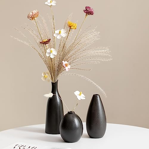 Mini Kleine Deko Vasen 3er Set aus Keramik für Tischdeko, Handgefertigte Blumenvasen im Boho Look für Pampasgras, Schwarz Vase von JUZAI