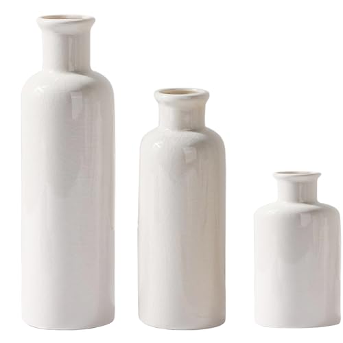 Schmale Kleine Vasen 3er Set aus Keramik für Trockenblumen, Deko Vase für Pampasgras, Blumenvase Weiß für Tischdeko - Weiß von JUZAI