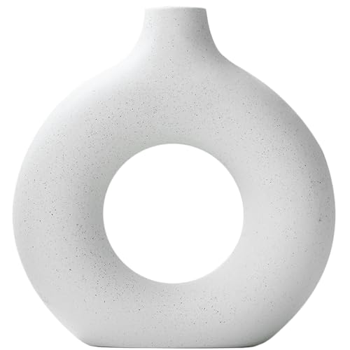 Vasen Weiß, Donut Vase Deko aus Keramik für Pampasgras, Runde Schmaler Mund Blumenvasen für Aesthetic Room Decor, Tischdeko - 24 cm, Natürliches Weiß Sand von JUZAI