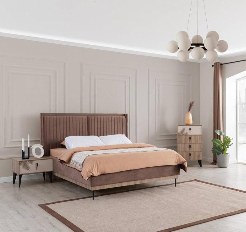 Braunes Schlafzimmer Set Polster Doppelbett 2x Nachttische Holz Kommode von JV Mobel