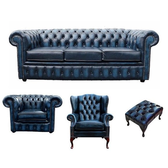 Sofagarnitur Chesterfield Polster Couch Sofa Leder Sitz Garnitur Ohrensessel von JV Model