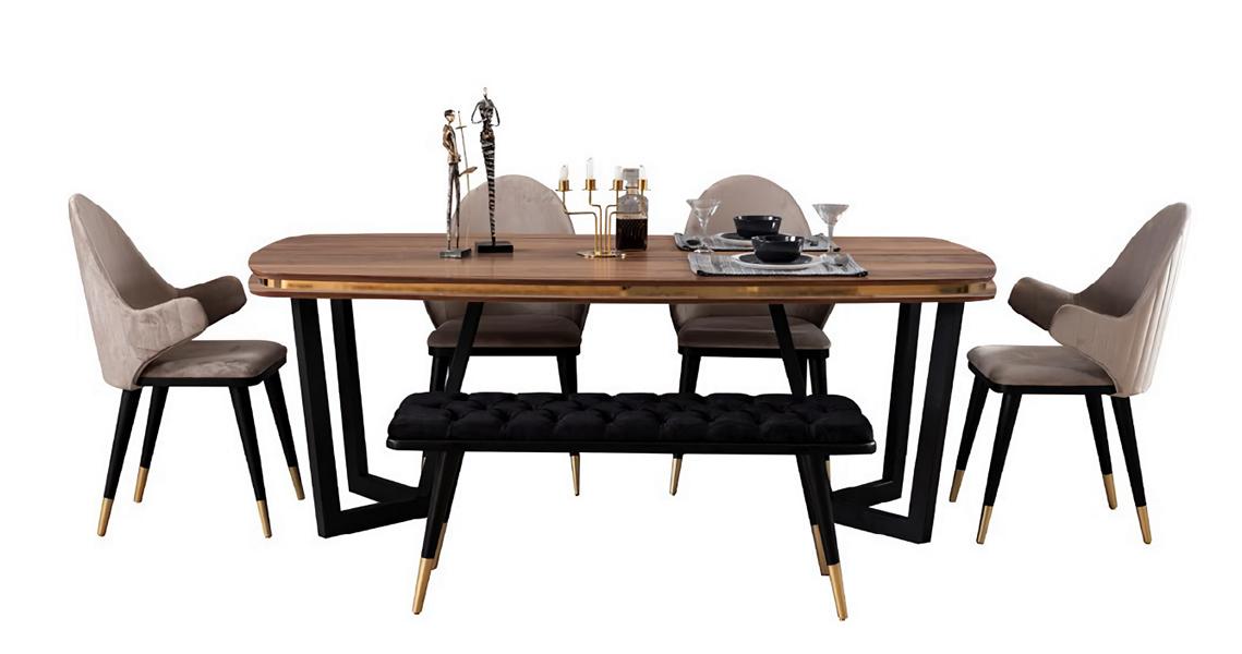 6tlg. Esszimmer Set Hochwertig Esstisch Bequem 4x Stühle Textil Hocker 6tlg. Esszimmer Set Hochwertig Esstisch Bequem 4x Stühle Textil Hocker von JV Möbel