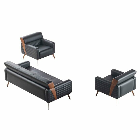 Arbeitszimmer Set 3tlg 3-Sitzer 2x Sessel Schwarz Einfarbig Modern Stil von JV Moebel