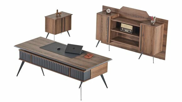 Arbeitszimmer-Set 3tlg Bürotisch Sideboard Kommode Braun Grau Zweifarbig von JV Moebel