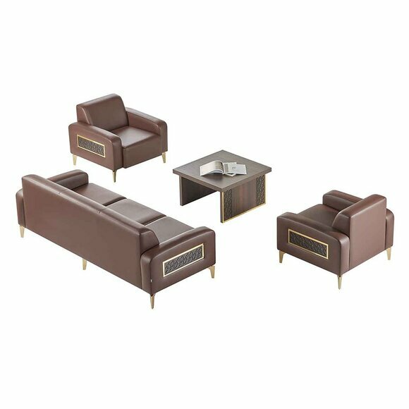 Arbeitszimmer-Set 4tlg 3-Sitzer 2x Sessel Couchtisch Braun Wohnzimmer von JV Moebel
