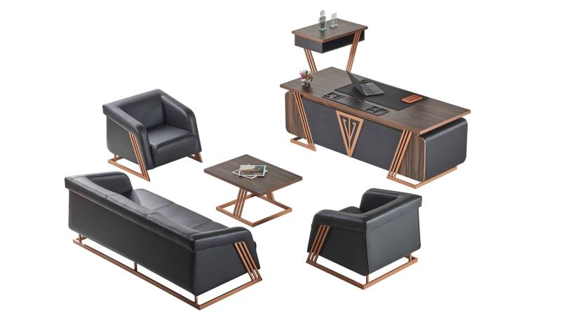 Arbeitszimmer-Set Büroeinrichtung Schreibtisch Beistelltisch Ledersofas von JV Möbel