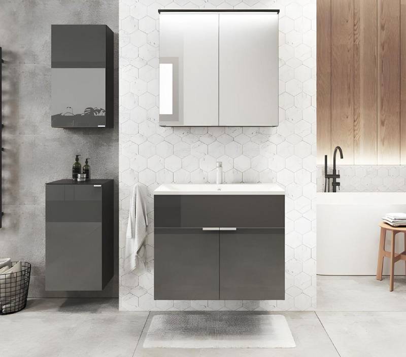 Badezimmer Set Waschtischschrank Waschbecken Waschbeckenschrank Grau 2tlg von JV Möbel