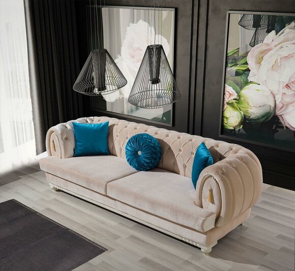 Beige Chesterfield Polster Couch Designer Dreisitzer Textilsofas 3-er Beige Chesterfield Polster Couch Designer Dreisitzer Textilsofas 3-er von JV Möbel