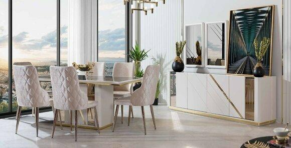 Beige Edelstahl Esszimmer Garnitur Designer Esstisch x6 Stühle Kommode von JV Moebel