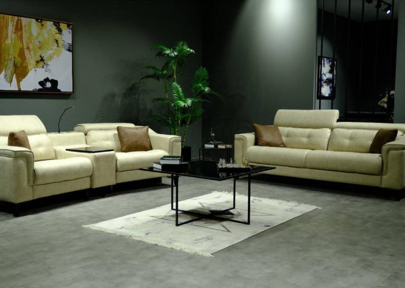 Beige Leder Sofagarnitur Designer 3-Sitzer Zweisitzer Couch 2tlg Set von JV Möbel