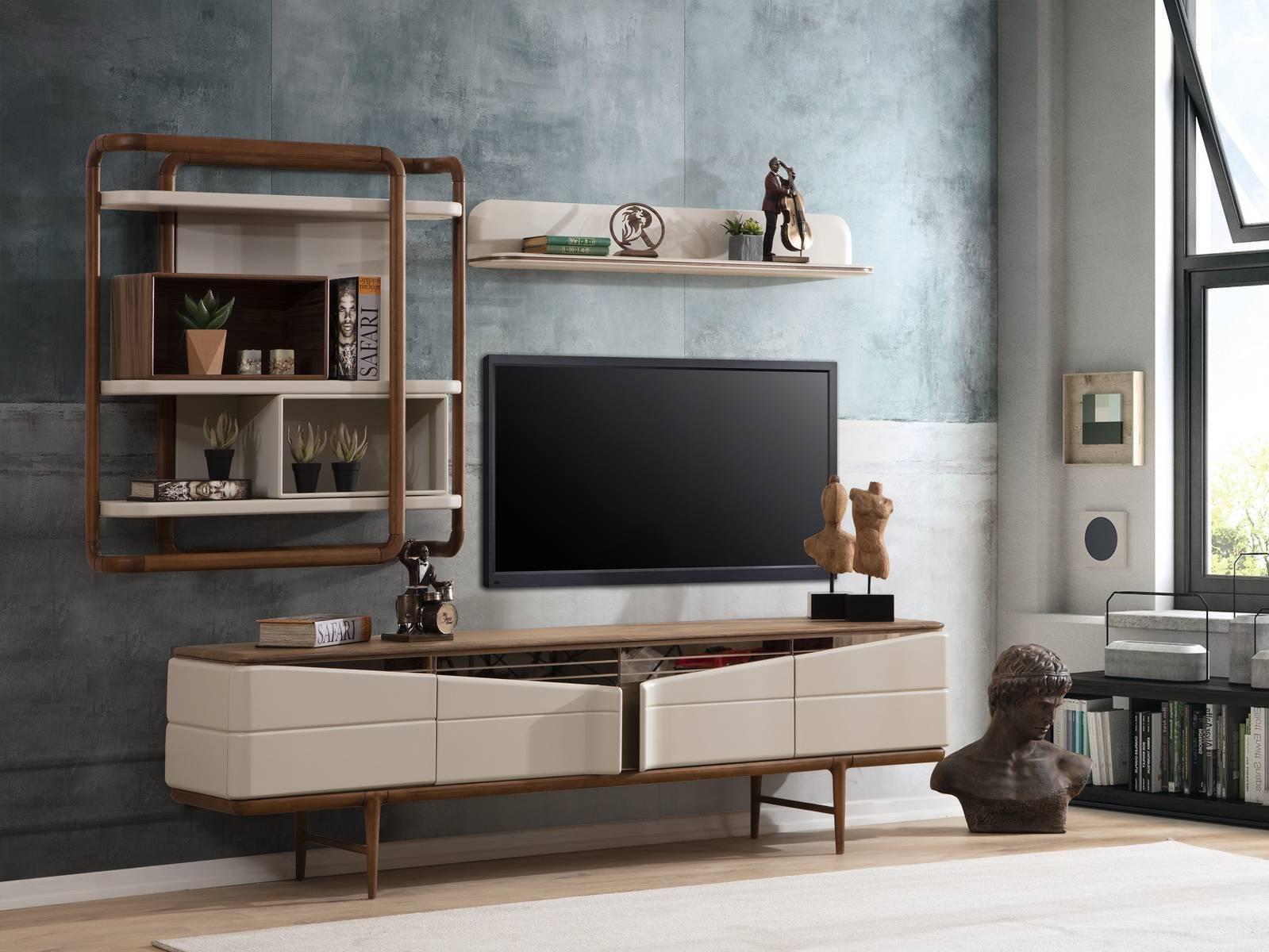 Beige Wohnzimmer Garnitur RTV-Lowboard 2x Regale Holz Designer Möbel von JV Möbel